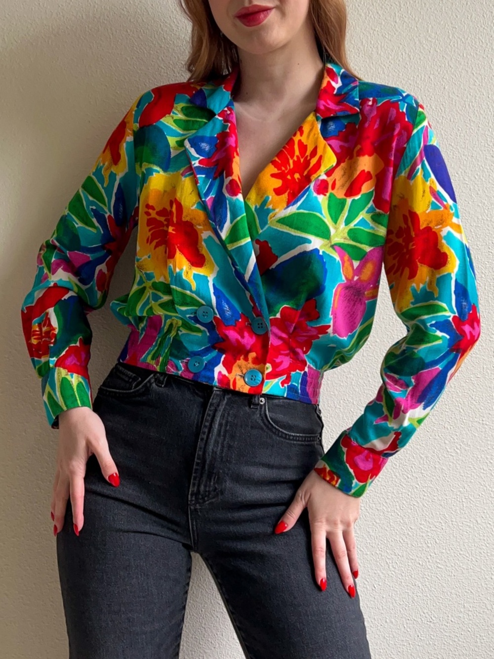 Vintage 1980s Vibrant Tropical Print Cropped Blouse (M/L)